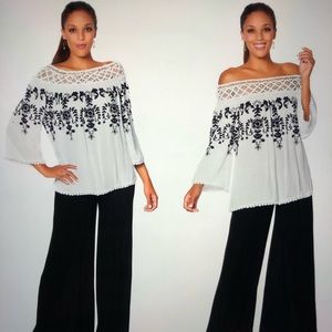 White/navy embroidered off the shoulder top